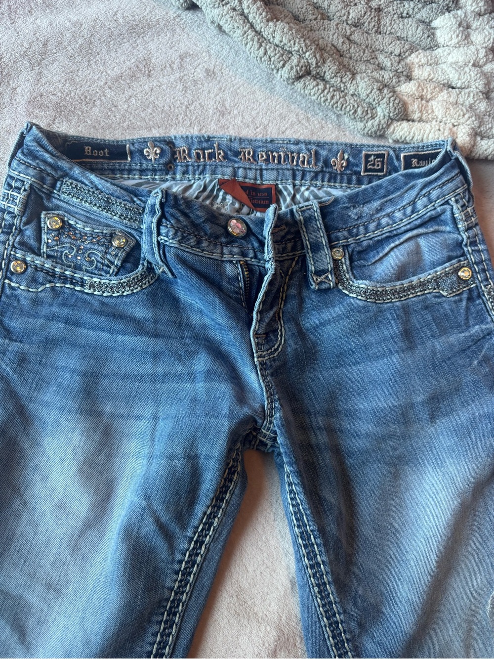 Rock Revival Women's Boot Cut Blue Embroidered Rhinestone Jeans